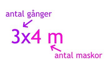 3x = antal gånger. 4 m = antal maskor. 3x4 m = maska av 4 m 3 gånger