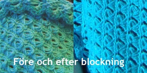 Före och efter blockning av en virkad sjal.