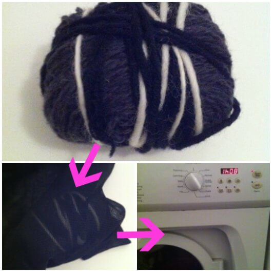 Om du filtar nystan av ullgarn i tvättmaskin kan du göra ett filtägg eller en filtboll.