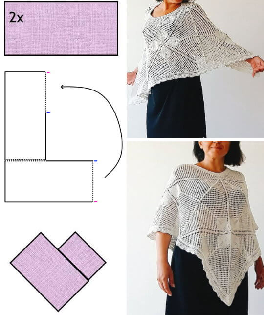 Sticka eller virka en V-poncho av två raka stycken. Gratis mönster och diagram.