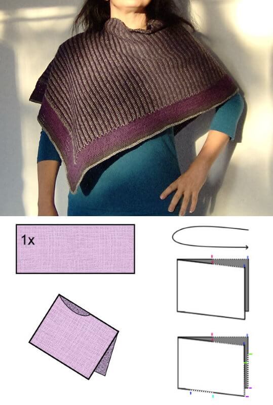 Sticka eller virka en poncho av ett rakt stycke som du viker på mitten. Gratis mönster och diagram.