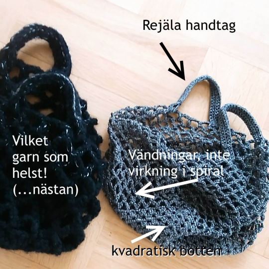 Beskrivning till en enkel, virkad nätkasse med fyrkantig botten och rejäla handtag.