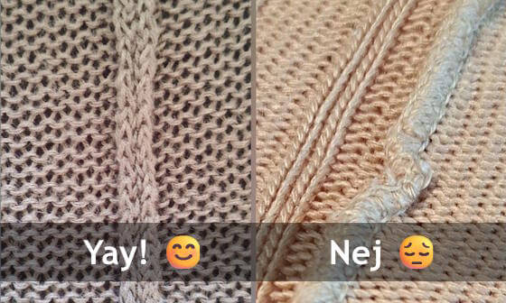 Bra sömmar: de stickade styckena är oklippta, med hela kantmaskor. Mindre bra: klippta stycken, overlocksöm.