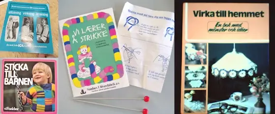 En samling gamla, spännande stick- och virkböcker