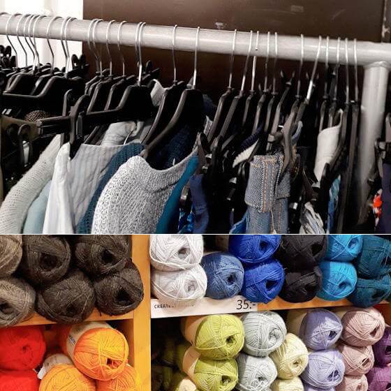 Kläder på galgar i secondhandbutik; garnnystan i garnaffär. Kläder på galgar i secondhandbutik; garnnystan i garnaffär.
