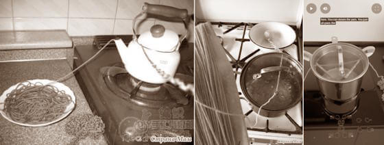 Ett urval av tekannor och kastruller som används för att ånga garn, på Pinterest och YouTube.