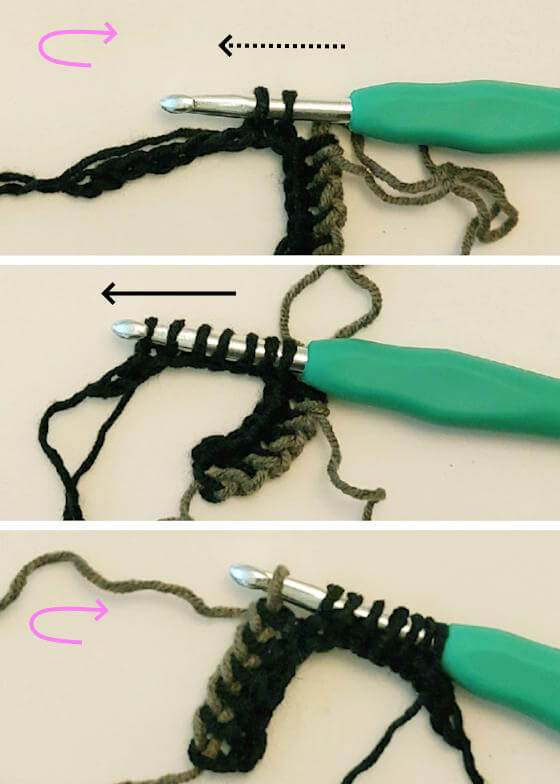 De sista stegen i resårkrokning med vanlig virknål.