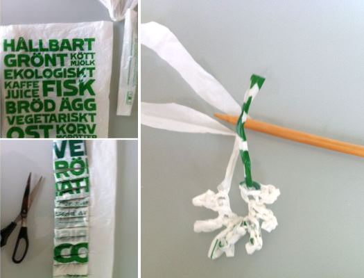 Plastpåsar! Tips för dig som vill virka med plastremsor ... eller sticka med dem. Radikal återvinning av plastpåsar, kassettband och videoband.